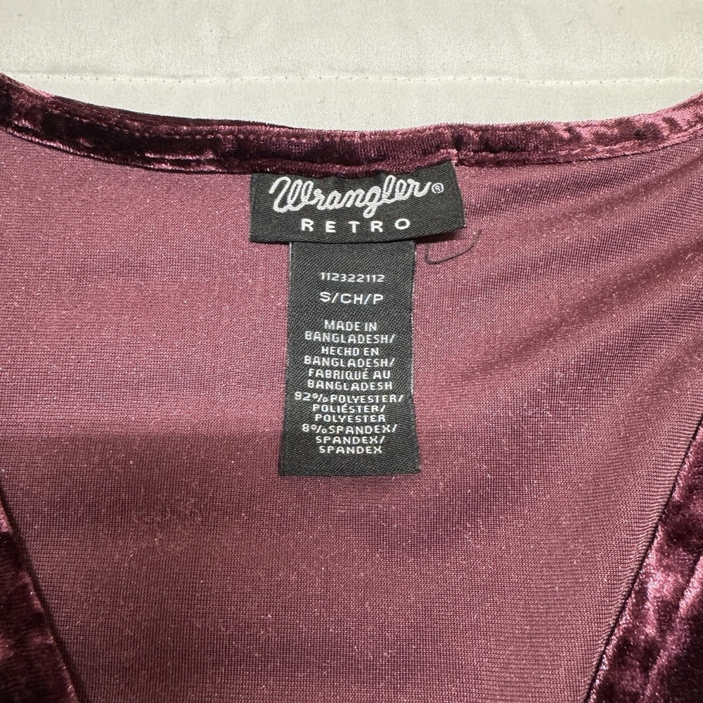 Wrangler Retro Women's Velvet Long Sleeve Cross Front‎ Blouse Burgundy Small - Picture 2 of 7